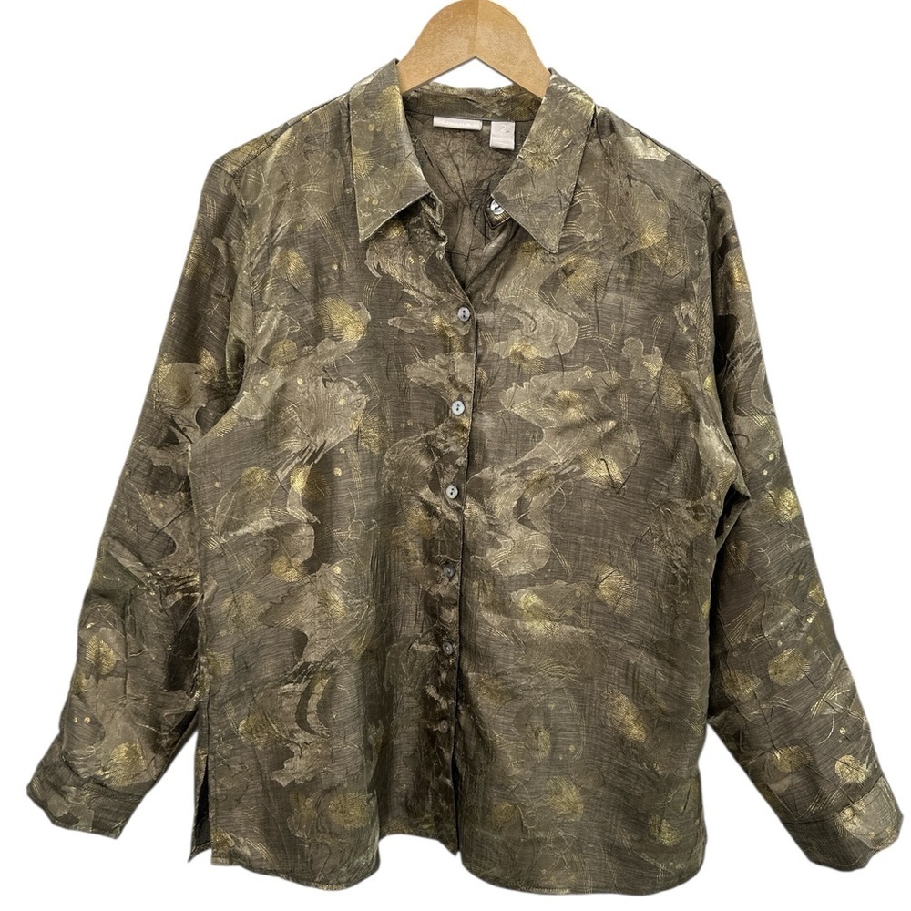 Chico’s Abstract Metallic Button Down Shirt Long Sleeve Artsy Gallery Style L